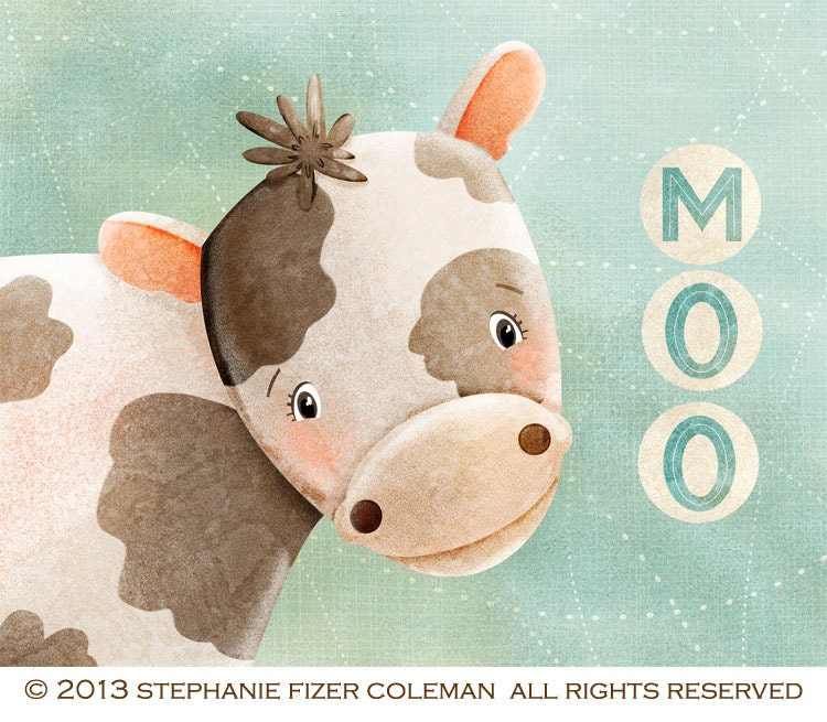 cow art print -- Farm Animals Cow--  cow artwork, nursery, kids art, childrens room art, farm, animal, moo, black, white