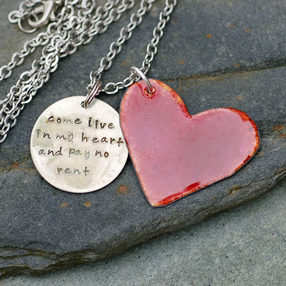 Enamel Heart Necklace Handstamped Tag Pendant Enameled Jewelry Sun Red, Come Live in My Heart
