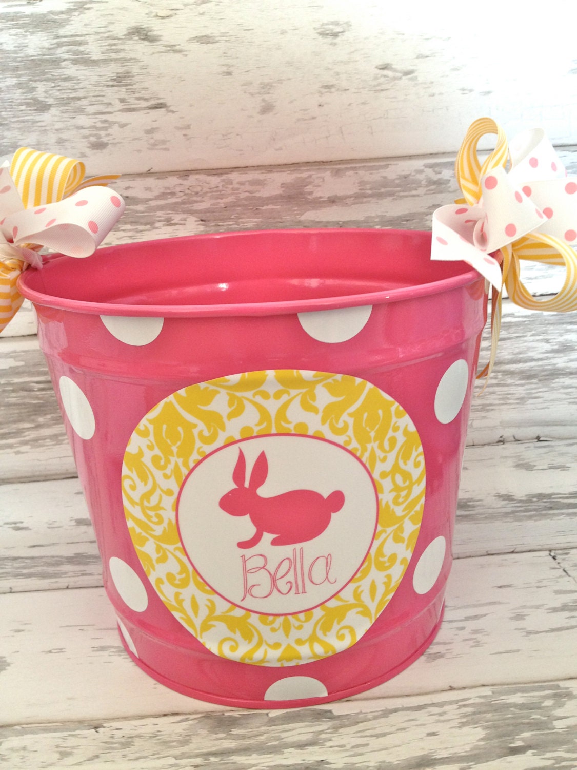 custom personalized 10 QUART name bucket in yellow damask - perfect for Easter