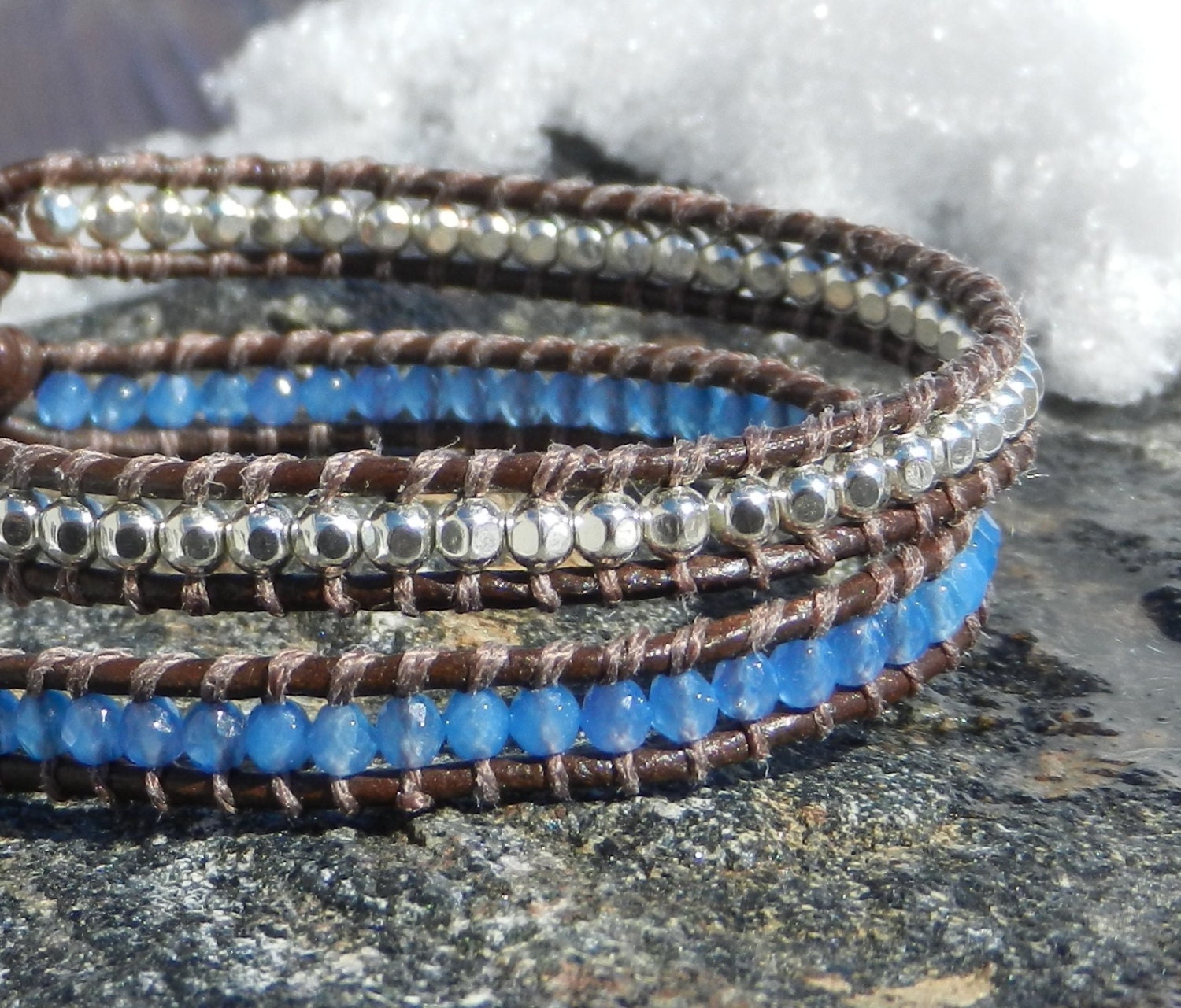 Double Strand Faceted Blue Agate & Sterling Silver Bracelet