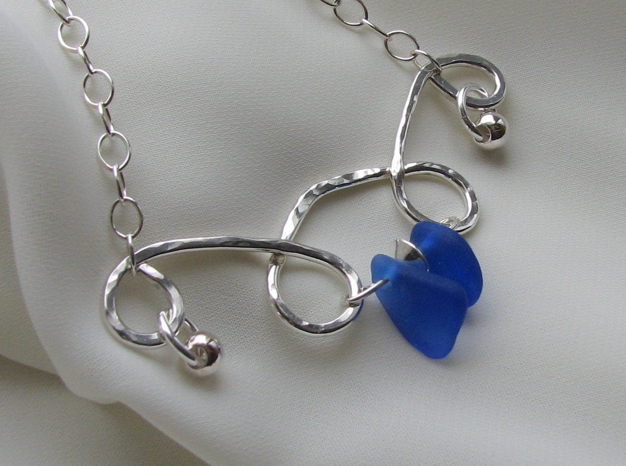 Hammered Sterling Beach Glass Necklace Colbalt Blue
