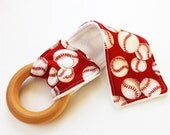 Natural Wooden Baby Teething Toy - Organic Cotton Velour with Snap - Baseball