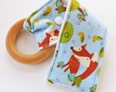 Natural Wooden Baby Teething Toy - Organic Cotton Velour with Snap - Happy Forest Fox