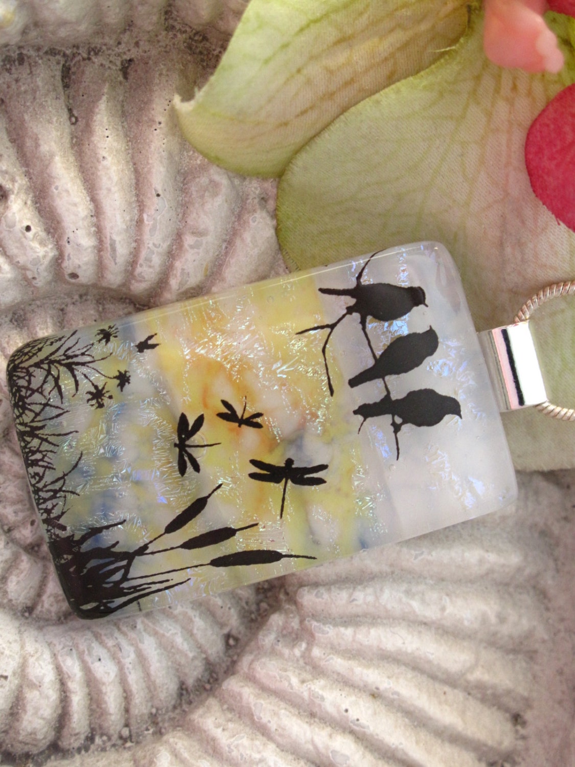Bird Necklace - Dichroic Glass Jewelry - Dichroic Necklace -  Fused Glass Pendant  Jewelry 123112p102
