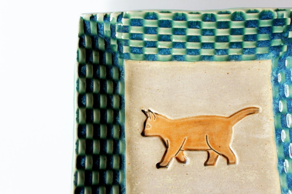 Cat Lover Ceramic Square Plate, Great for Coin and Key Catch or Display, Handmade Pottery