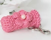 Lip Balm Holder Key Chain in Rose Mauve, Thick Plush Key Holder with Crochet Rose Mauve Puff Flower