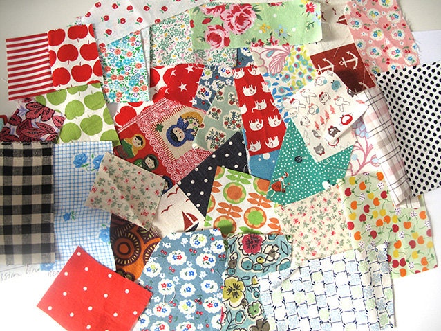 Mini Fabric scrap bag, mixed brights, japanese, retro and many more fabrics 34 pieces