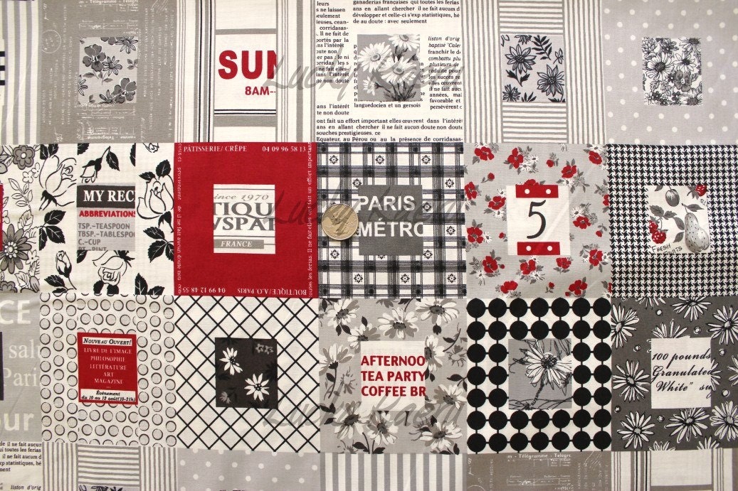 Suzuko Koseki, Paris Floral Patchwork Red Gray Natural/Tan Japanese Fabric  - Half Yard