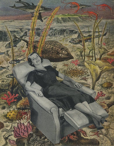 How to relax underwater.  Limited edition print of an original collage by Vivienne Strauss.
