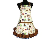 Cupcake Apron , Retro Bakery Decor , Adjustable with Pocket and Chocolate Ruffle