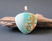 Tiffany gold . Polymer clay pendant. Aqua, tiffany blue, gold. Swirls. Swirly. Triangle.