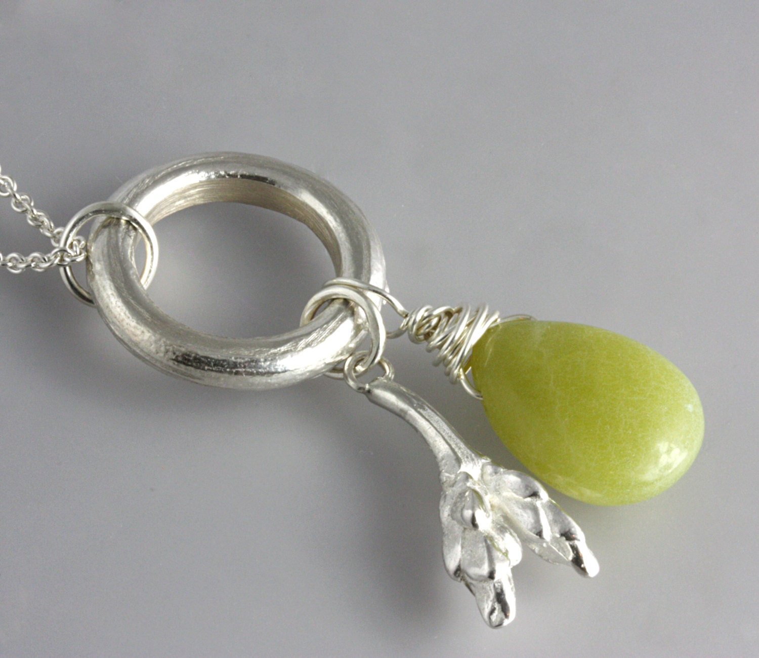 ON SALE - 50% OFF - Twig Necklace with Jade- Lilac Pendant - Natural Texture - Charm Necklace - Silver Nature Casting - Ready to Ship