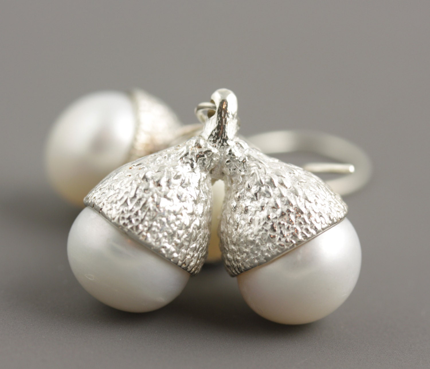 Pearl Earrings - Silver Acorn Earrings - Nature Casting Earrings - Unique Earrings - Natural Organic Texture - READY TO SHIP