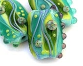 Marina - Handmade Lampwork Glass Bead Set in Green, Lime and Aqua, with Murrini (3) OOAK