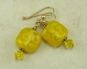 Lemon Drop Swirl Lampwork & Swarovski Bead Earrings - Vibrant Yellow Sun - 22kt Gold Plated French Ear Wires