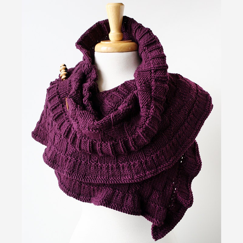 Rococo Hand Knit Shawl - Luxurious Merino Wool - Burgundy Color - Wearable Fiber Art