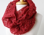 Women Fashion - Infinity Hand-Knit Scarf with Sequins - Mohair and Silk Cowl Snood Scarf - Red Apple