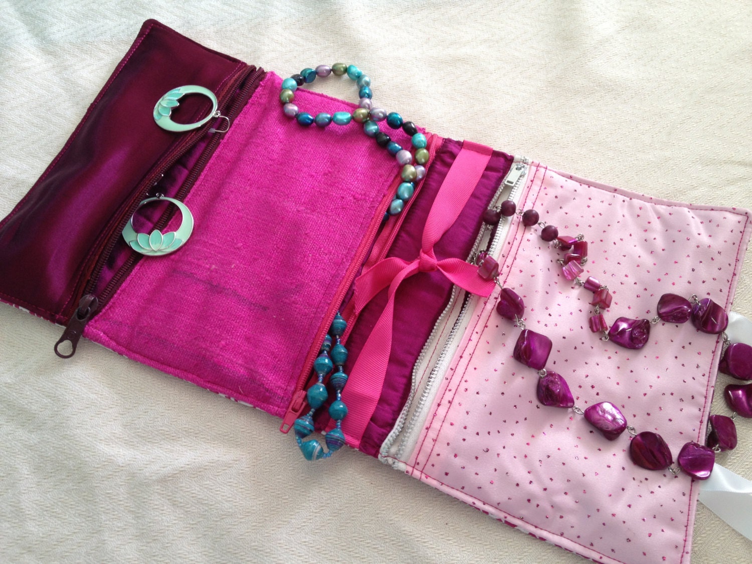 Luxury Silk Jewelry Travel Case - Magenta Paisley