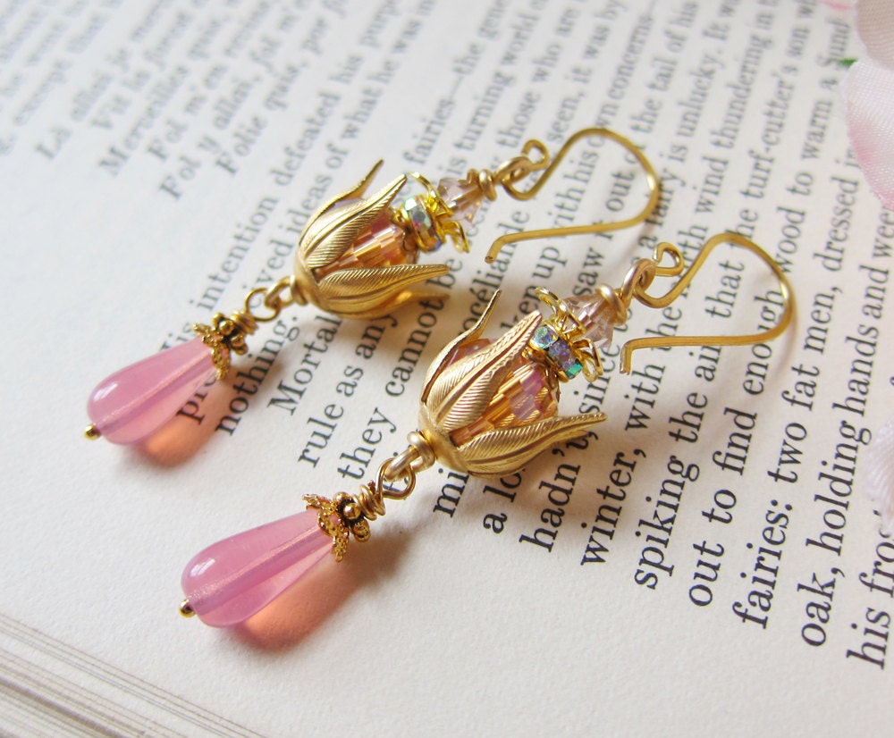 Golden Lotus Earrings - Rosy Pinks - Pastel Floral Earrings