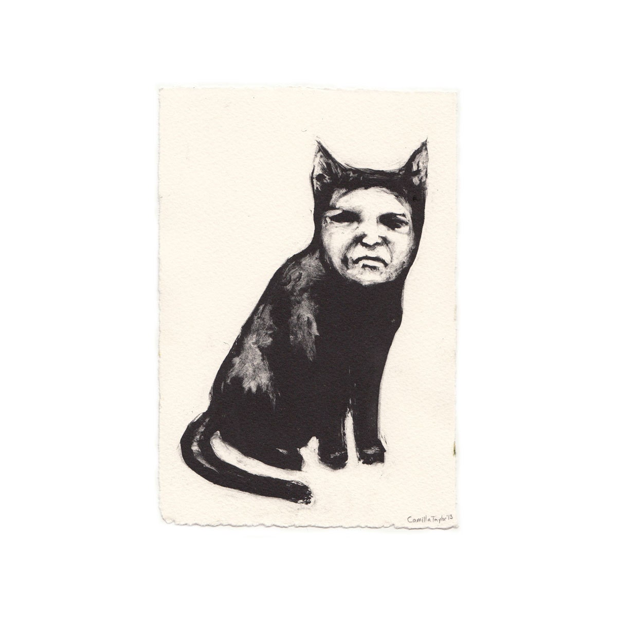 Black cat with man's face monoprint fine art print