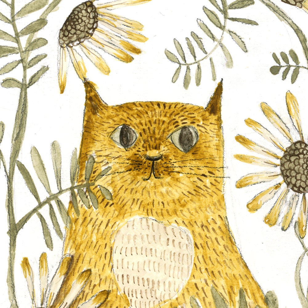 Pencil and watercolor painting - Garden Cat - digital print