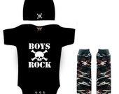 Punk Rock Baby Boy Rockstar Kit black romper one piece layette leg warmers hat YOU CHOOSE IMAGE camoflauge Army Skull Boys Rock
