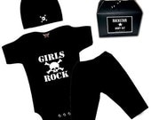 Punk Rock Baby 80's Pants and romper one piece layette Gift Set black Girls Rock Skull