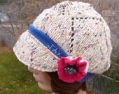 Jax Hats Tan with colored flecks and open work pattern sweater hat with side flower and original button - first 3 hats in the photo