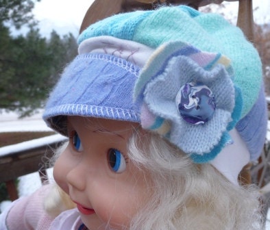 Toddler sized Jax Hat in periwinkle plus aqua and seafoam sweater fabrics