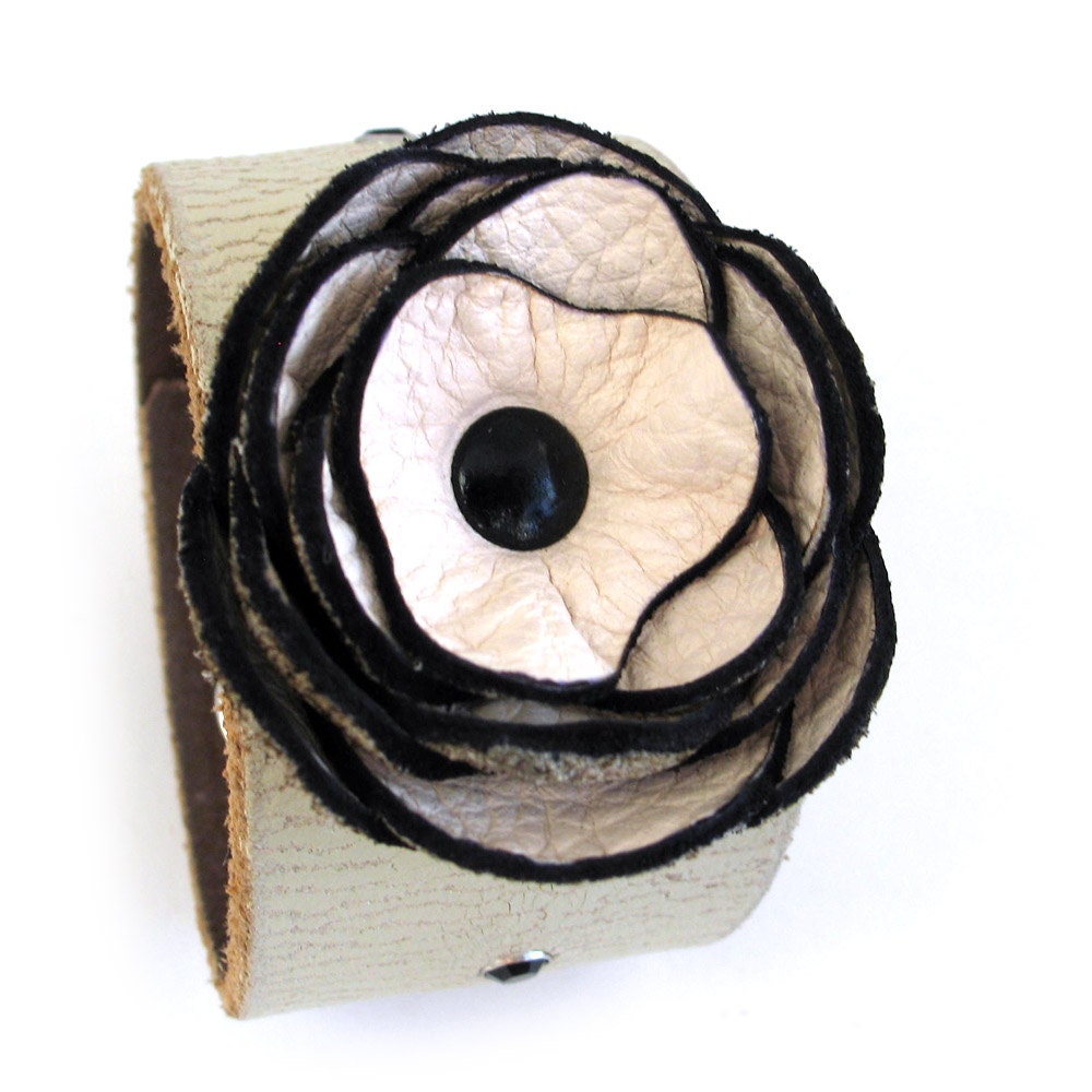 Leather Cuff Bracelet with Handmade Cream Leather Flower, EcoFriendly, Reclaimed Leather, Womens Accessories, OOAK