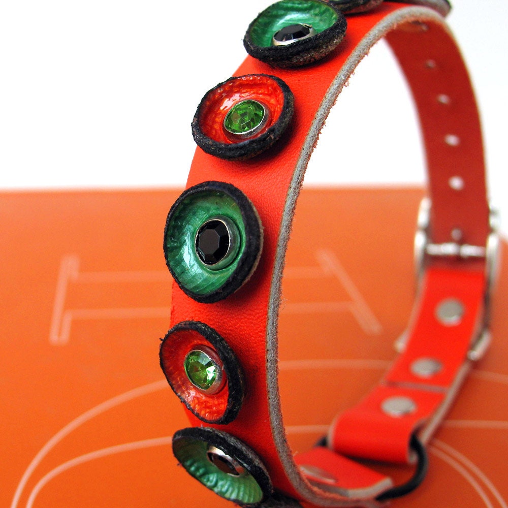 Curled Circles on Orange Leather Cat Collar, EcoFriendly, Size XS, to fit a 8-10in Neck, Unique, OOAK