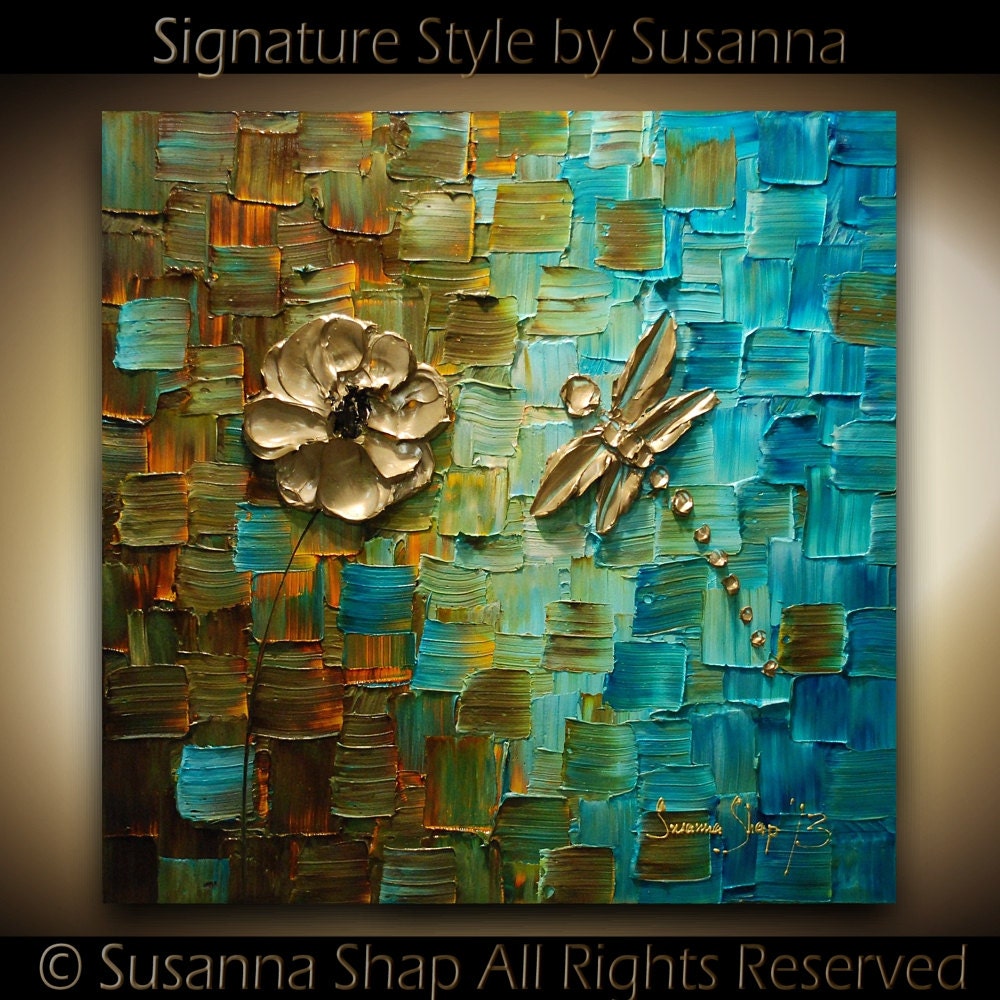 ORIGINAL Dragonfly Palette Knife Painting Abstract Contemporary Fine Art textured modern brown blue Art