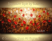 ORIGINAL Large Impasto Landscape Abstract Red Tulips Oil Painting Modern Palette Knife Art by Susanna 48x24