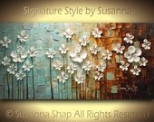 ORIGINAL Contemporary Landscape Art White Flowers Painting Textured  Modern Brown Blue Oil Painting by Susanna Ready to Hang 48x24