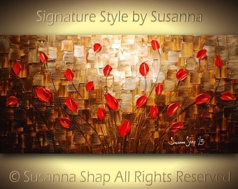ORIGINAL Large Impasto Landscape Abstract Red Tulips Oil Painting Modern Palette Knife Art by Susanna 48x24
