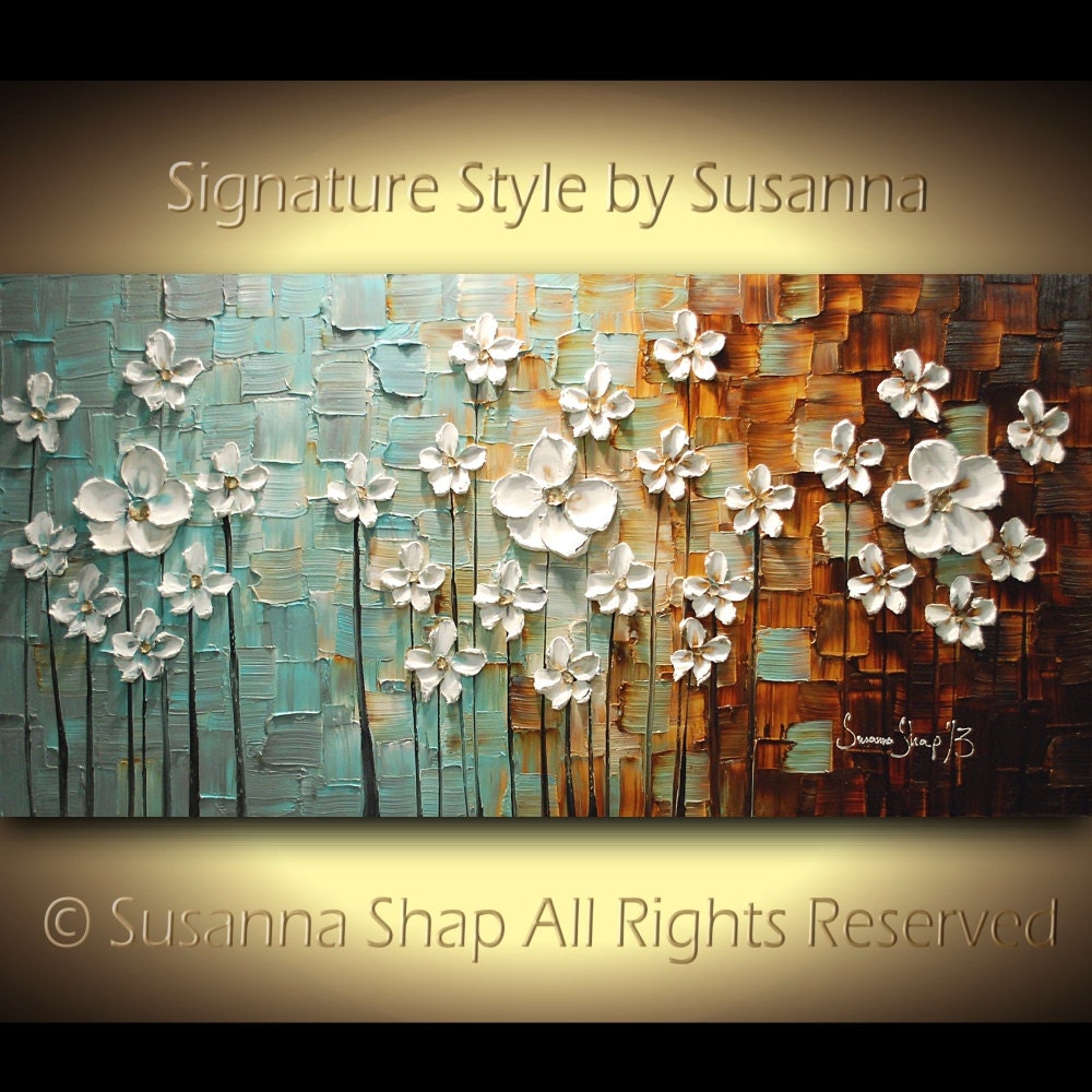 ORIGINAL Contemporary Landscape Art White Flowers Painting Textured Modern Brown Blue Oil Painting by Susanna Ready to Hang 48x24