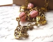 Heart necklace valentines day pink vintage beads, filigree brass hearts, etched antique brass chain womens jewelry by candies64