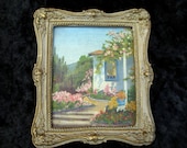 Petite Vintage Oil Painting Cottage and Garden Bursting with Flowers