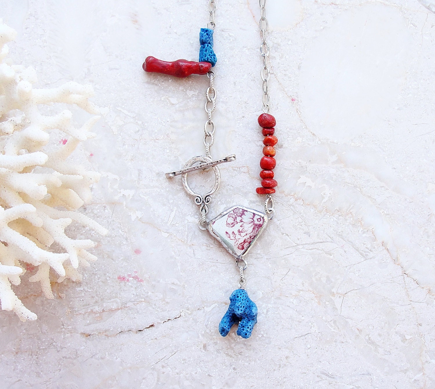 Beach Pottery Necklace Coral, metal, solder, beach pottery Sea Treasure Collection