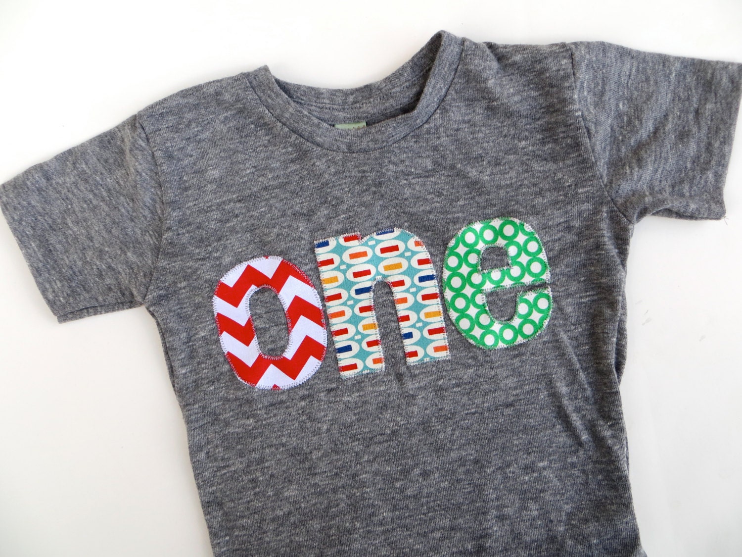 one chevron, pez, green circles 1st Birthday T Shirt  triblend grey first Birthday Shirt