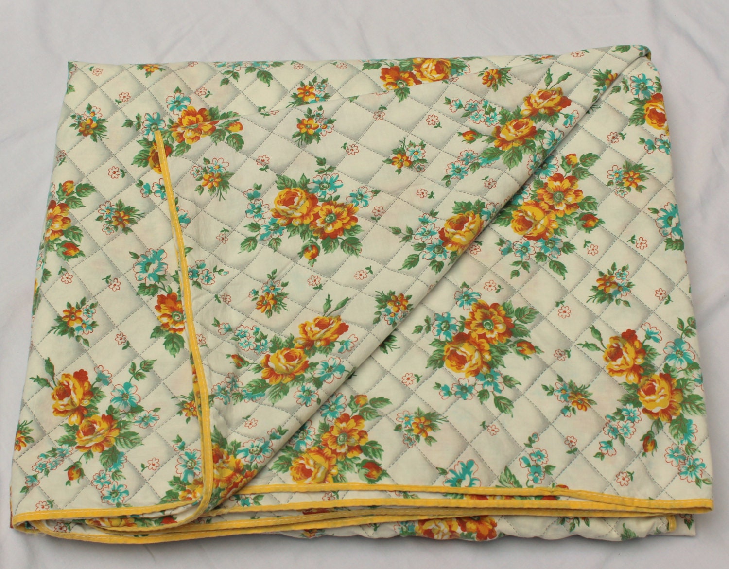 Vintage Duvet Cover - Cotton - Yellow Roses with Piping
