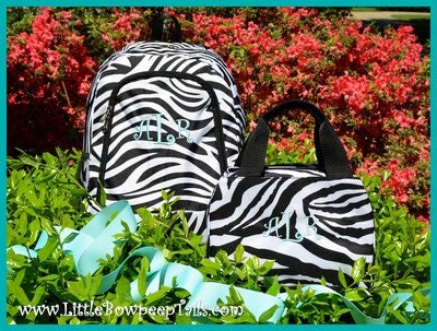 Gift set of 2 - Zebra Monogrammed Backpack and Lunch Box - Name or Initials Girls Personalized School Bookbag Book Bag Kids Childrens