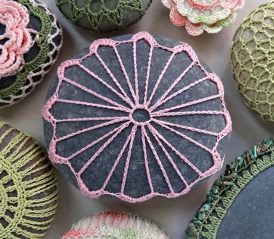 Art, Mixed Media, Original, Crochet Lace Stone, Handmade, Table Decorations, Home Decor, Pink Thread with Gray Stone