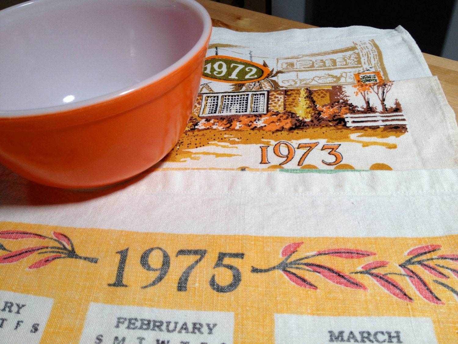 Set of Three 1970s Vintage Calendar Kitchen Dish Towels Shades of Orange