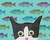 Cat Art - Tuxedo Cat  with Fish - 8 x 10 Print - Silent Mylo: Fish Attack