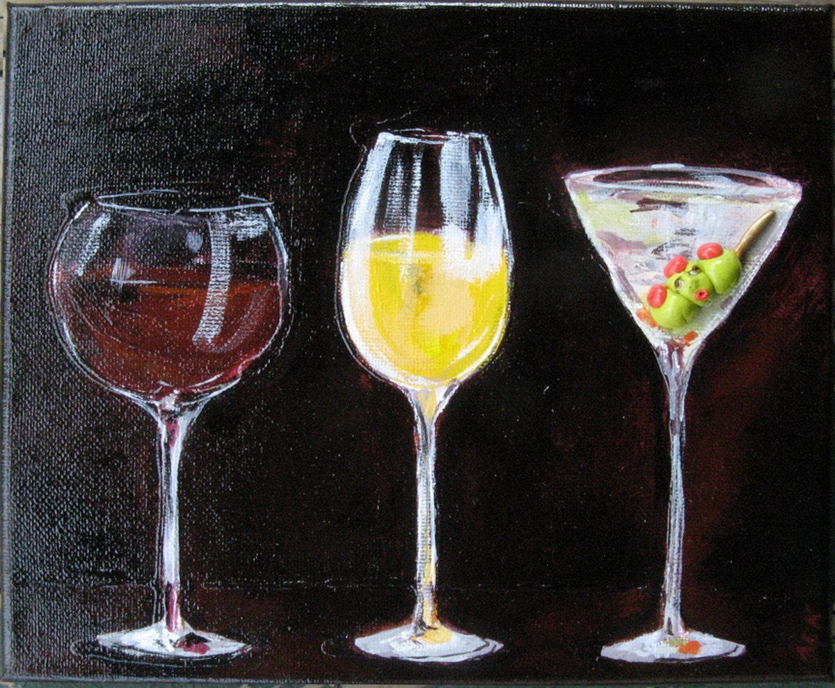 Original Martini and Wine Painting -  8x10 Painting on Canvas with 3d Olives