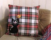 Red white yellow tweed wool pillowcase cushion cover with needle felted little cat and birdie