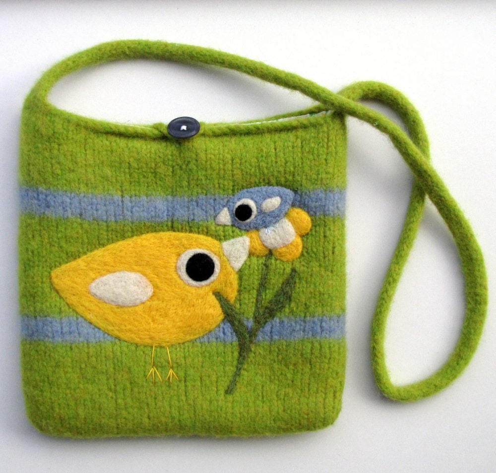 Felted large bag purse green blue wool handbag shoulderbag hand knit needle felted birds birdie friends