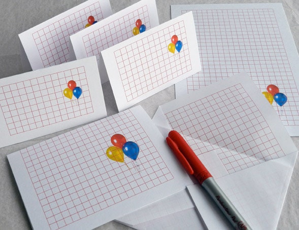 Red, Yellow and Blue Balloon Card Set - Printable Birthday Cards, Note Cards, Gift Tags, Name Cards and Matching Envelopes