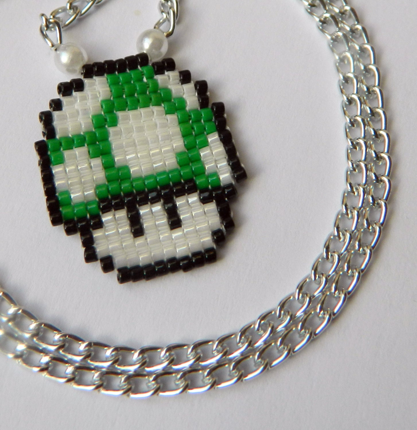 Nintendo Super Mario Bros Handmade Glass Bead 1 up Mushroom Necklace